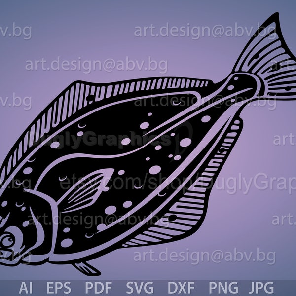 Vector HALIBUT fish, AI, eps, pdf, png, svg, dxf, jpg Image Graphic Digital Download Artwork, bottom fish