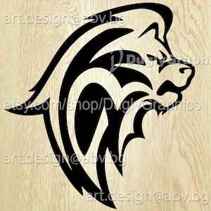 May include: Black lion head graphic with a tribal design. The image includes the text "etsy.com/shop/DuglyGraphics" and "art.design@abv.bg". The image also includes the file types: AI, EPS, PDF, SVG, DXF, PNG, JPG.