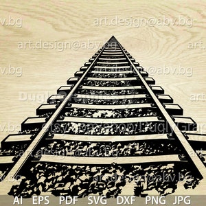 May include: Black and white illustration of a set of railroad tracks, viewed from a low angle, with the tracks converging in the distance.