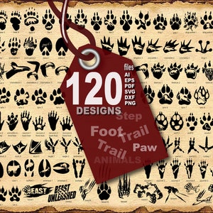 Puede incluir: Una descarga digital de 120 diseños de huellas de animales, incluyendo oso, gato, perro, zorro y más. Los diseños son perfectos para crear manualidades, scrapbooking y otros proyectos. La imagen muestra una variedad de huellas en negro sobre un fondo marrón.