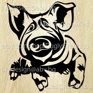 May include: Black and white illustration of a pig running with its tongue sticking out. The pig is wearing a shirt.