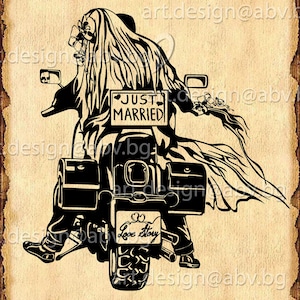 Vector BODA MOTOCICLETA, recién casados, ai, eps, pdf, PNG, svg, dxf, jpg Descargar, gráfico