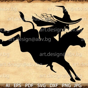 May include: A black silhouette of a witch riding a donkey. The witch is wearing a pointed hat and a long cloak. The donkey is running with its legs outstretched.