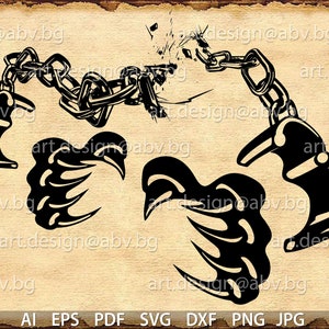Peut inclure: Graphique noir et blanc d'une chaîne brisée et de menottes, avec deux motifs tribaux stylisés. L'image est placée sur un fond texturé, semblable à du parchemin. Le texte en bas indique les formats de fichiers : AI, EPS, PDF, SVG, DXF, PNG, JPG.