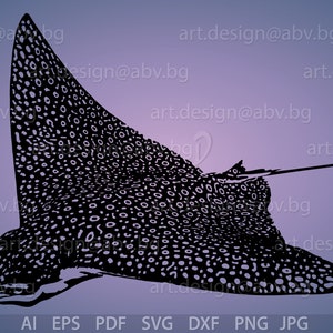 May include: Black and white silhouette of a spotted ray, a type of fish, with a long tail and a rounded body. The ray is swimming in a light purple background.