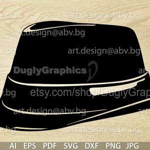 May include: A black fedora hat with a wide brim. The hat has a white band around the crown and the text "DuglyGraphics" is printed on the band.