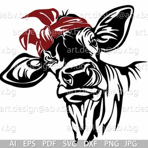 Vector COW with bandana, tongue, 2 colors, calf, head, AI, PNG, eps, pdf, svg, dxf, jpg Instant Download, Art Print, svg cow with bandana