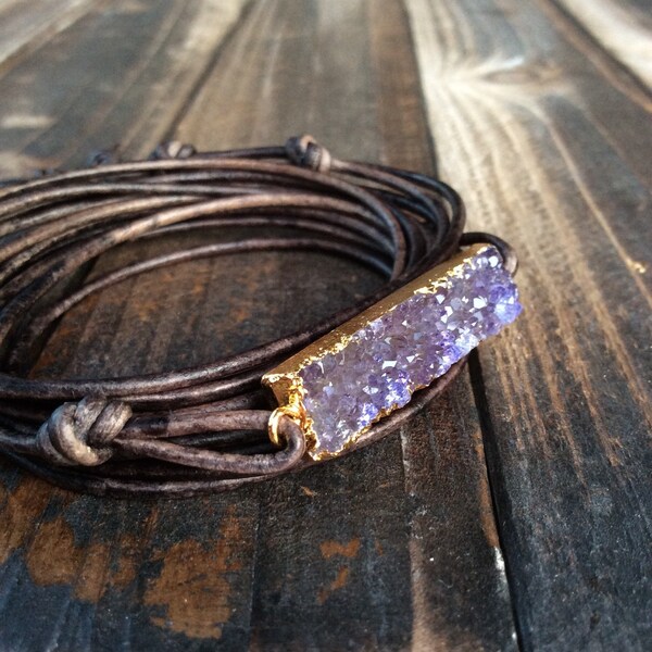 Leather bracelet - druzy bracelet - bohemian bracelet - leather wrap - wrap bracelet - druzy leather bracelet - amethyst wrap