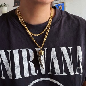18k gold necklace - chunky curb chain necklace- gold curb chain necklace - horn pendant necklace