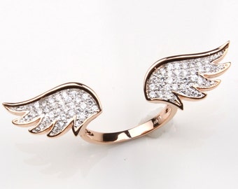 Pave CZ Angel Wings Ring-Angel Wing open ended ring-Double Feather Ring-Double Wings Ring-Pave Cz Feather Ring-Fancy Holiday Gift Jewelry