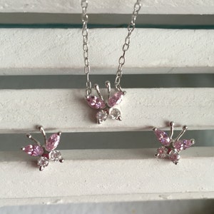 Pink CZ Butterfly Sterling Silver Jewelry Set of 2-Cz Butterfly Necklace-Cz Butterfly Earrings-Lovely Holiday Gift Jewelry