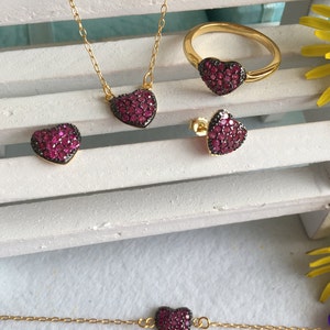 Pave Ruby Heart-shaped Silver Jewelry Gift Set of 4-Ruby Heart Necklace-Ruby Heart Earrings-Ruby Heart Ring-Lovely Valentine&#39;s Day gifts