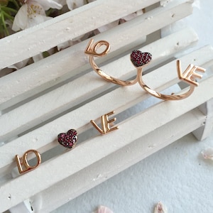 Ruby Heart Double finger Ring-LOVE and Heart Double Ring-Adjustable Double Ring-Fancy Valentine&#39;s Day gifts