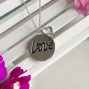 LOVE Medal Necklace-Engraved LOVE medal Necklace-LOVE and Heart Necklace-Metal Necklace for Loved One-Lovely Valentine&#39;s Day gifts