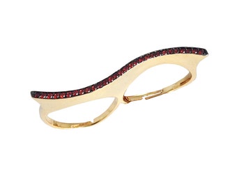 Pave Ruby Cz Double Ring-Ruby Wave Double Finger Ring-Pave Ruby Ring-Double finger ruby ring-Fancy Holiday Gift Jewelry