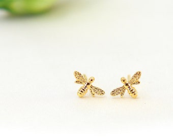 Gold Bee Earrings, Tiny Stud Earrings, Bumble Bee Earrings, Honey Bee Studs, Dainty Minimalist Earrings, Sterling Silver Stud, Gift for Her