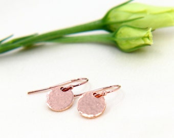 Rose Gold Earrings, Gold Coin Earrings, Hammered Disc Earrings, Minimalist Earrings, Tiny Dot Earrings, Dangle Earrings, Earrings for Her