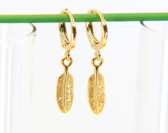 Small Hoop Earrings, Gold Feather Charm Earrings, Gold Dainty Hoop, Silver Feather Hoop Earrings, Women Earrings, Minimalist Earrings