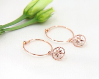 Gold Hoop Earrings, Rose Gold Hoop Earrings, Compass Hoop Earrings, Starburst Earrings, Traveler Gifts, Graduation Gift, Earrings for Her