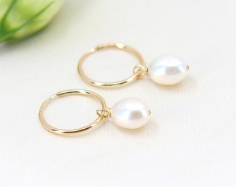 Dainty Pearl Hoop Earrings, Gold Hoop Earrings, Sterling Silver Hoop Earrings, Pearl Earrings, Pearl Drop Earrings, Bridesmaid Earrings