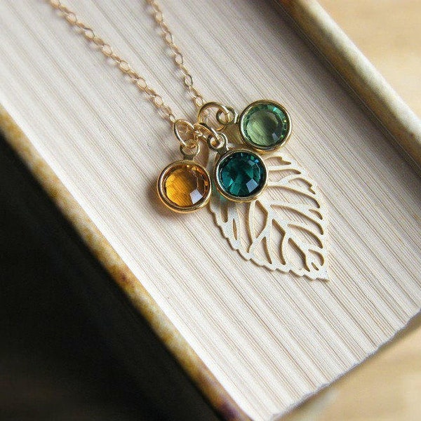 Family Birthstone Necklace, Perfect Gift for Mom, Personalized Gift for Mother, Gold Leaf Necklace, Mother Daughter Necklace, Grandma Gifts