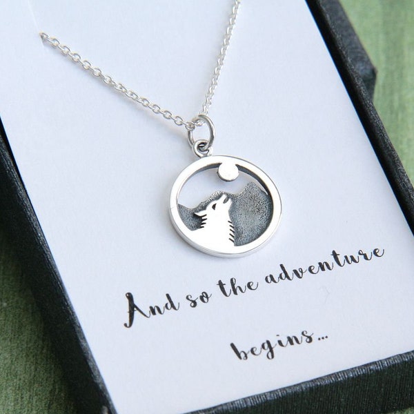 Silver Wolf Necklace, Wolf Howling at Moon Necklace, Wolf Necklace, Inspiration Necklace, Inspirational Jewelry, Graduation Necklace for Him