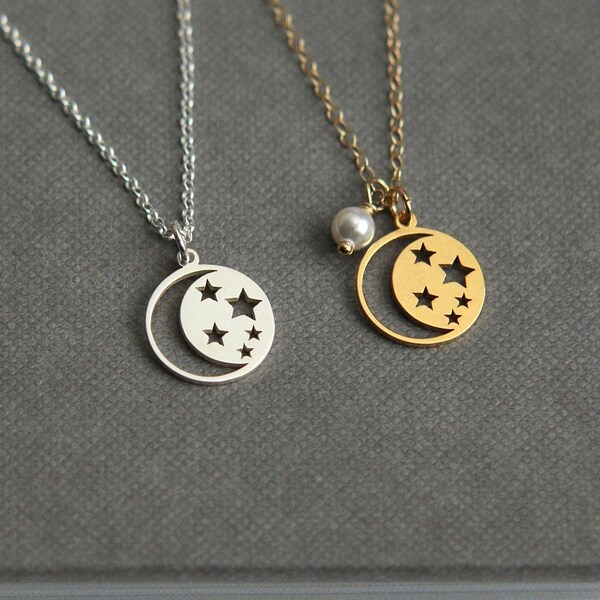 Celestial Necklace, Moon Necklace, Silver Moon Stars Necklace, Gold Moon Star Necklace, Personalized Necklace, BFF Necklace, Gift for Her