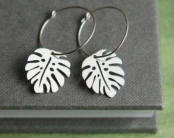 Monstera Leaf Earrings, Tropical Leaf Earrings, Silver Hoop Earrings, Monstera Hoop Earrings, Palm Earrings, Dainty Hoops, Plant Earrings