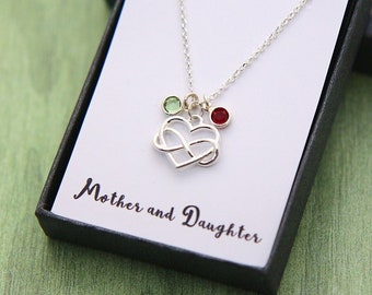 Birthstone Necklace for Mom, Personalized Gifts for Grandma, Mother Daughter Jewelry Gift, Silver Infinity Heart Pendant, Mother's Day Gift