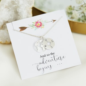 Collana con mappa del mondo e bussola in argento sterling, collana della terra, regalo di gioielli Wanderlust, regalo di laurea per il migliore amico, collana di avventure