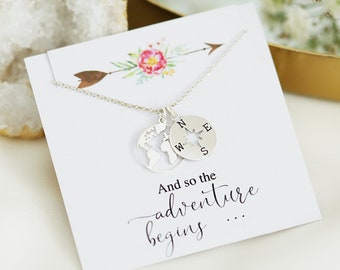 Sterling Silver World Map & Compass Necklace, Wanderlust Jewelry