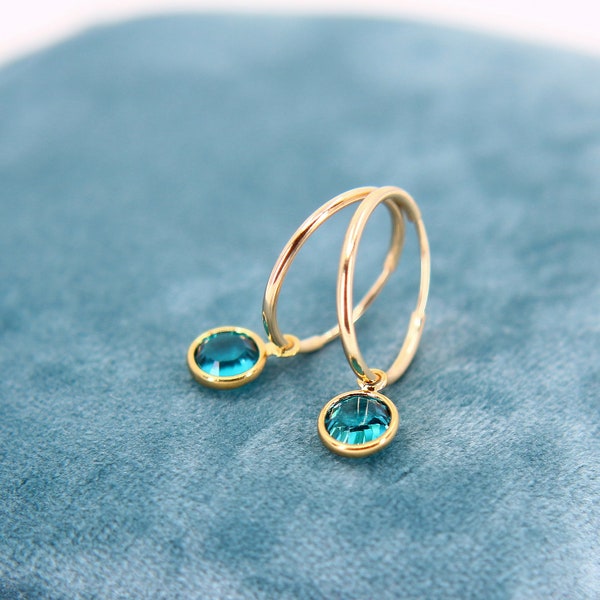 Birthstone Earrings, December Birthday Gift, December Birthstone Jewelry, Gold Hoop Earrings, Any Month Birthstone Charms, Gifts for Her