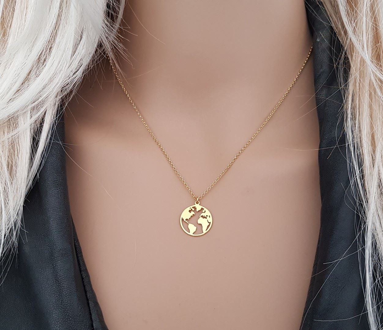 Amazon.com: Gold World Map Pendant, 9K 14K 18K Gold Necklace, Yellow Gold,  Earth Charm, Solid Gold Planet, Travel World Charm, Gift For Her/code:  0.003 : Handmade Products