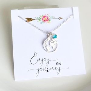 Collana con ciondolo mappa del mondo in argento sterling, collana di laurea, regalo per nuovi inizi, regalo di compleanno per lei, collana con globo, regalo per la migliore amica