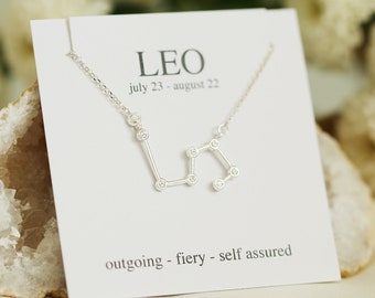 Leo Constellation Necklace, Sterling Silver Zodiac Charm, Crystal Stones