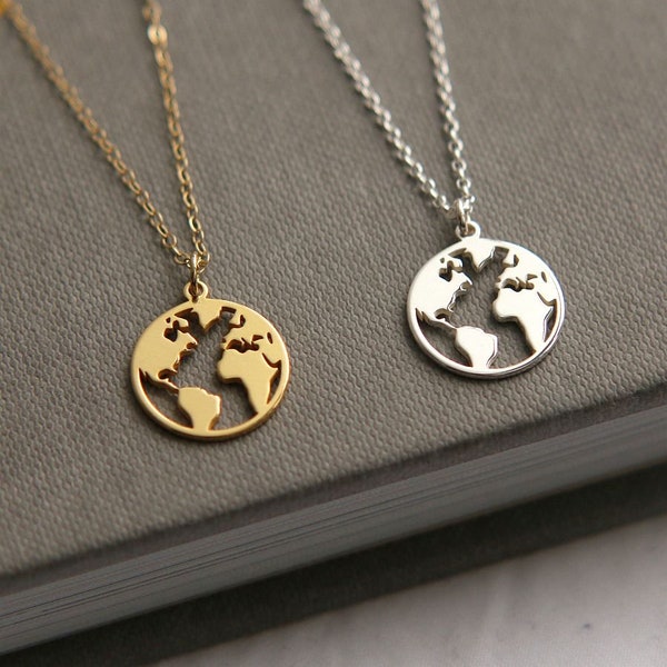 Petit collier carte du monde, collier globe en or, collier terre, collier Wanderlust, collier de voyage, collier carte en argent sterling, cadeau BFF