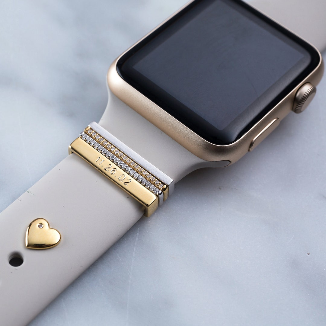 Gold Engraved Stacking Rings, Apple Watch Band Charms, Personalized