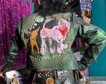 Custom DOGGY STUDDED PUNK Jacket with hand-painted Doggy Butt-Sniffing Art and tons of Studs and Spikes! Handmade -Seriously Disgusting