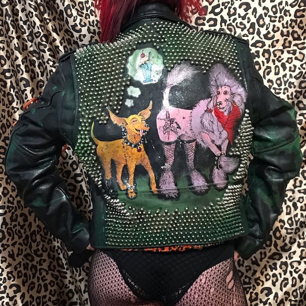 Custom DOGGY STUDDED PUNK Jacket with hand-painted Doggy Butt-Sniffing Art and tons of Studs and Spikes!
