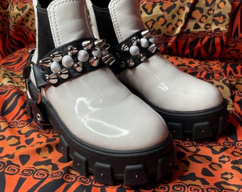 CUSTOM White GOTH Chunky Platform BOOTS With Matching Studded Bootstraps (Ladies Sizes U.S. 5)