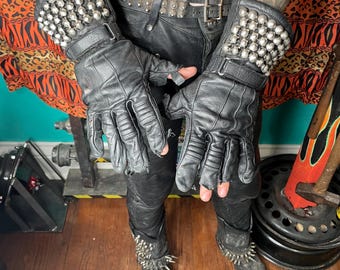 STUDDED LEATHER Gauntlet GLOVES with fingers worn away Punk