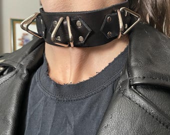 FETISH BONDAGE COLLAR with Chrome Triangular Rings Genuine Leather Punk Choker Handmade -Seriously Disgusting