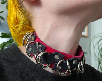 RED BONDAGE COLLAR with Silver D Rings Punk Fetish Choker Handmade -Seriously Disgusting