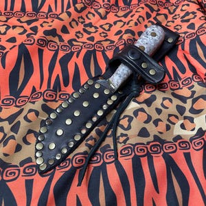 HAND FORGED Hunting KNIFE Steel with Corian Stone Handle and a Handmade Genuine Leather Sheath