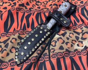HAND FORGED Hunting KNIFE Steel with Corian Stone Handle and a Handmade Genuine Leather Sheath Handmade -Seriously Disgusting