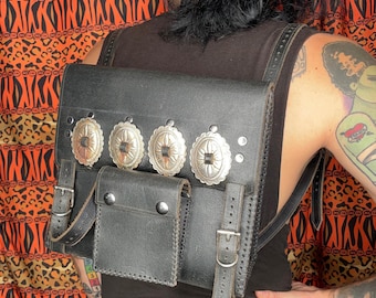 HAND MADE Genuine Leather Punk Purse/Mini BackPack featuring Front Mini Pouch and Rusted Out Conchos Handmade -Seriously Disgusting