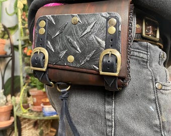 Brown Leather BELT BAG Brass and Genuine LEATHER Pouch with Armor Diamond Plate Panel Handmade -Seriously Disgusting