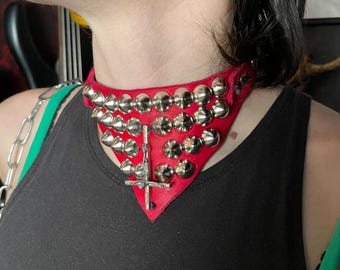 GOTH RED COLLAR Genuine Leather V shaped Collar with Metal Inverted Crucifix