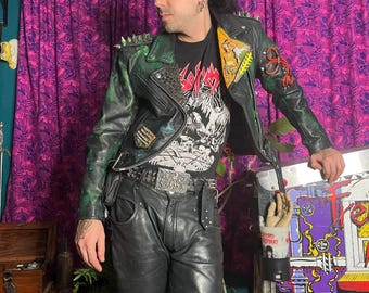 Custom DOGGY STUDDED PUNK Jacket with hand-painted Doggy Butt-Sniffing Art and tons of Studs and Spikes!