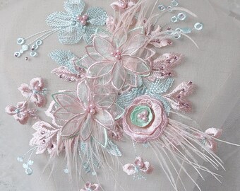 2 colors 3D Blue Pink Feather Pearl Beaded Flower Lace Applique Embellished Lace Patch for wedding dance costumes bridal hair accessories